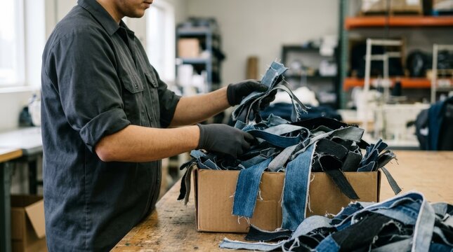 Factory Worker Sorting Denim Fabric Scraps for Sustainable Fashion Textile Recycling and Circular Economy Production