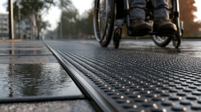 Close-up of a person in a wheelchair on a textured, accessible urban pavement at sunset.