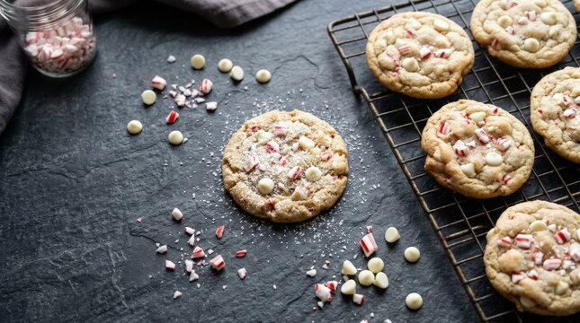 Freshly Baked Peppermint White Chocolate Cookies with Crushed Candy Cane Pieces on Dark Slate Table for Holiday Christmas Dessert