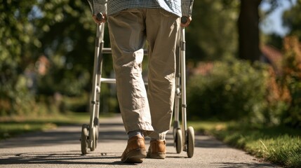 Obraz premium Elderly person walking outdoors using a walker on a sunny paved path with greenery in the background.