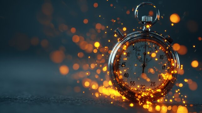 Vintage Stopwatch Surrounded by Sparkling Lights and Bokeh Effect on Dark Background for Timeliness Concept