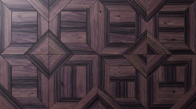 Geometric parquet wood flooring, dark walnut timber marquetry pattern, luxury hardwood floor texture with intricate diamond and square inlay