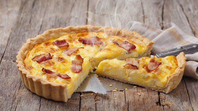 Hot quiche slice lifted with steam rising