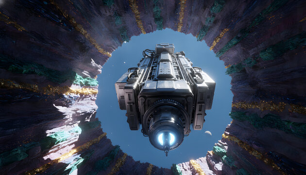 Futuristic Spaceship Ascending from Alien Crater with Luminous Engine
