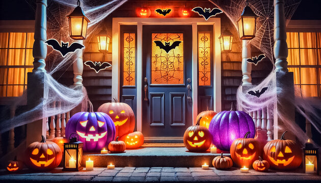 Halloween Porch with Glowing Jack-O'-Lanterns and Purple Pumpkins