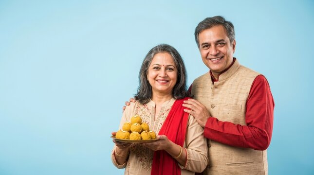 Happy Mature Indian Couple Holding Plate of Traditional Laddu Sweets Celebrating Diwali Festival on Blue Background