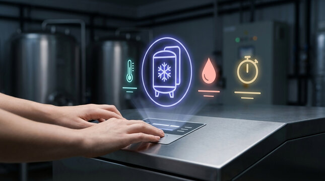 Industrial worker using a modern automated cooling system with holographic interface icons for temperature control and water management in a brewery