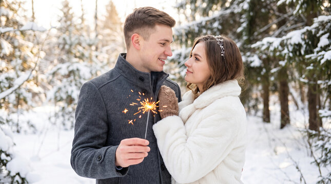 Romantic Couple Holding a Sparkling Light Together in a Snowy Forest During a Winter Afternoon