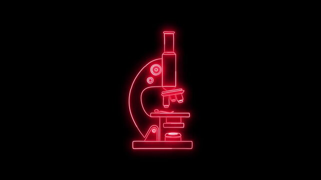 Glowing neon laboratory microscope icon animation. Neon microscope icon for science and laboratory research. Glowing microscope symbol representing biology, medical technology and scientific discover
