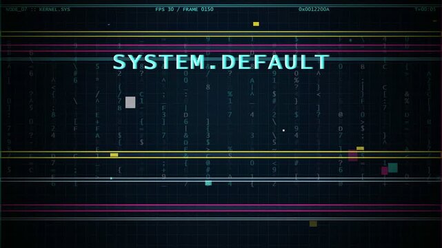 Digital glitch animation with system error messages and data corruption on a dark blue screen