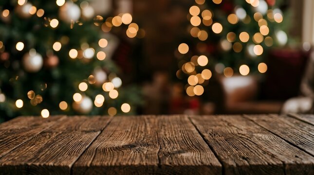 Warm and inviting christmas scene with a blurred tree and rustic wooden tabletop display