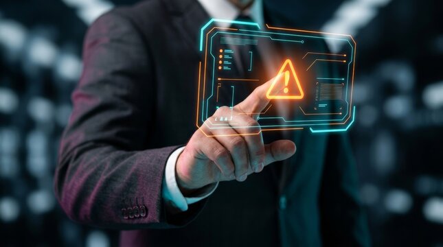 Businessman Touching Futuristic Digital Warning Hologram Alert Screen for Cybersecurity Risk and IT System Failure Concept