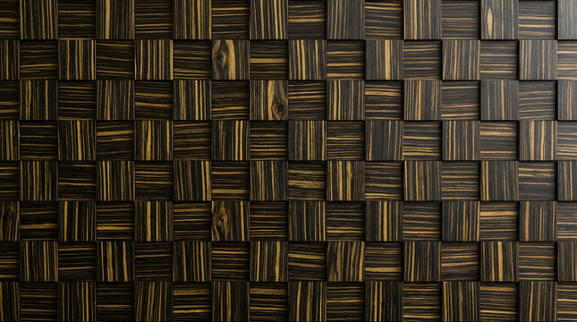 Dark ebony wood wall paneling, 3D geometric wooden block texture, luxury interior timber cladding with natural grain pattern