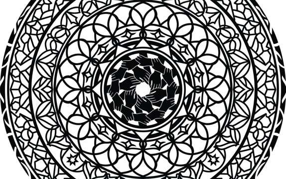 unity mandala coloring page with diverse hands holding each other in a circle representing teamwork and community