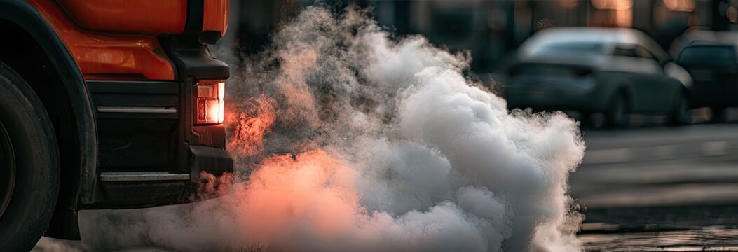 Truck exhaust billows smoke and fumes, obscuring traffic on a street