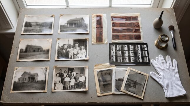 Vintage Photographs and Negatives with Archival Gloves and Magnifying Glass