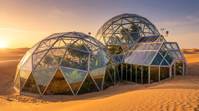 Futuristic glass geodesic greenhouse domes in a desert landscape at sunset