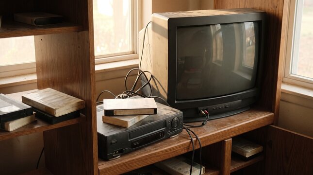 Vintage TV and VCR on Shelf, Retro Entertainment Setup