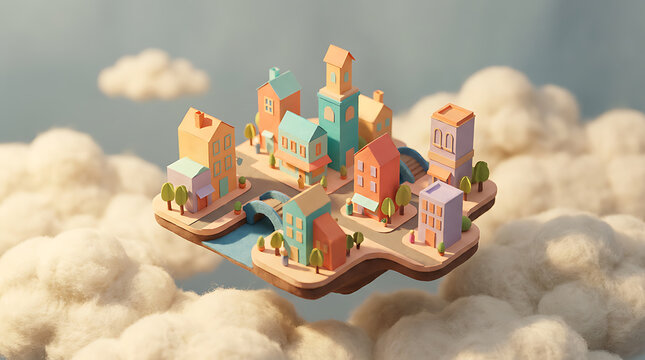 Miniature 3D isometric town floating on a cloud island with pastel buildings