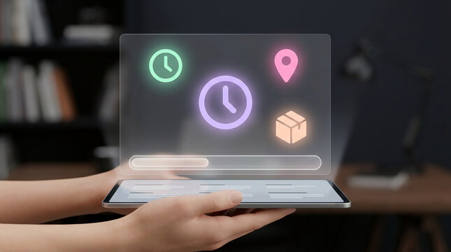 Futuristic digital logistics and delivery tracking concept showing a person holding a tablet with a glowing holographic interface for package status