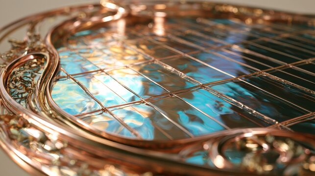 Close-up view of a solar panel featuring copper and brass borders with plant designs. The surface shows blue and gold tones in warm light.