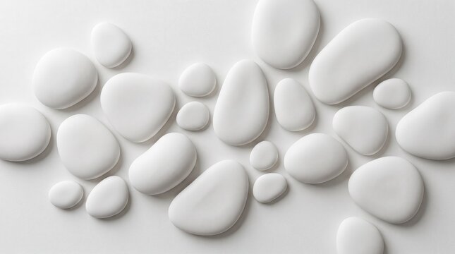 Abstract composition of smooth white pebbles and stones arranged on a clean surface, minimalist texture background for spa wellness relaxation therapy design and zen aesthetic concepts.
