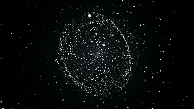 Abstract digital particle cloud forming a spherical shape on a black background