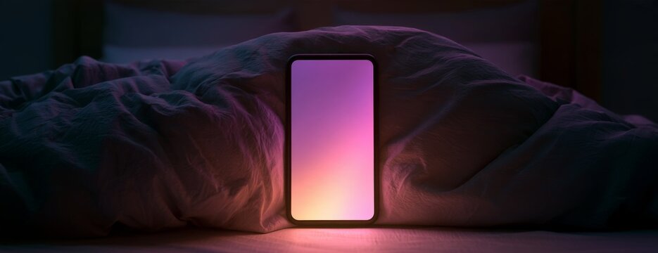 Smartphone with a glowing screen mockup on a bed at night, addiction concept  