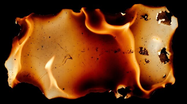 Closeup of a piece of paper burning with bright orange flames and glowing embers, creating a dramatic abstract texture against a black background