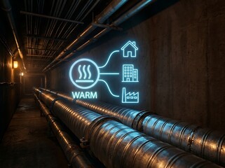 Fototapeta premium District heating pipes in dark basement with glowing neon icon showing hot water supply concept to residential house commercial building and industrial factory.