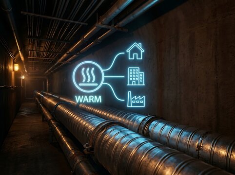District heating pipes in dark basement with glowing neon icon showing hot water supply concept to residential house commercial building and industrial factory.