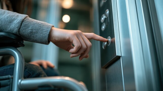 A person in a wheelchair presses an elevator button, highlighting accessibility and independence in public spaces.