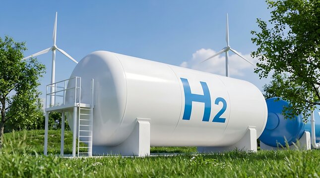 Large white hydrogen storage tank labeled H2 in a grassy field with wind turbines generating renewable energy in background.