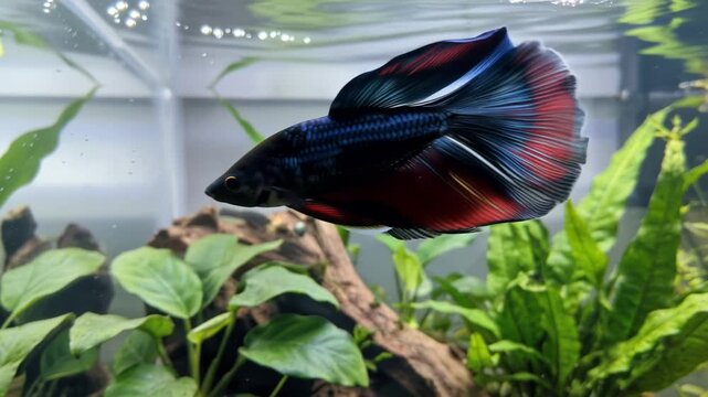 Beautiful betta fish swimming gracefully through a stunning aquarium, surrounded by clear water, vibrant aquatic plants, 4K video