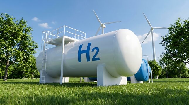 White hydrogen storage vessel stands on green meadow with wind turbines under clear blue sky presenting sustainable energy solutions for industrial future applications.