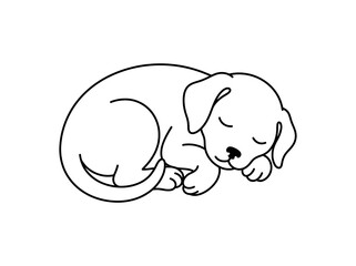 Fototapeta premium Continuous line art vector illustration of a cute sleeping puppy, cozy pet design concept