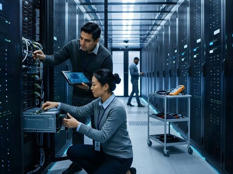 It technicians working on server hardware in a modern data center