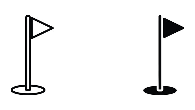 Golf hole flag icons in solid black and outlined vector style with illustration
