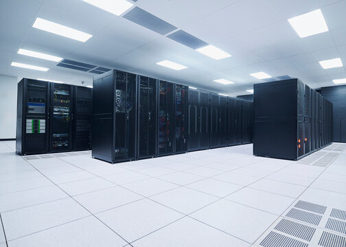 Modern data center with rows of server racks and advanced IT infrastructure