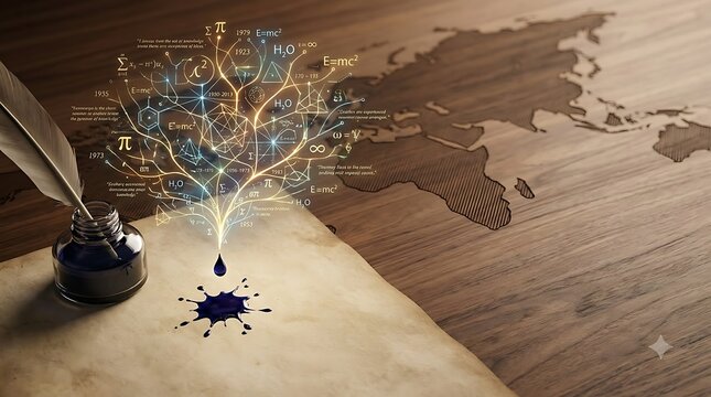 Quill pen and inkwell on parchment with a tree of knowledge made of scientific formulas and symbols science
