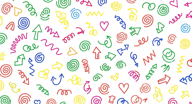 Doodle Arrow Swirl Heart a Vibrant Abstract Pattern Featuring Colorful Handdrawn Doodles of Arrows Swirls Hearts and Squiggles Scattered on