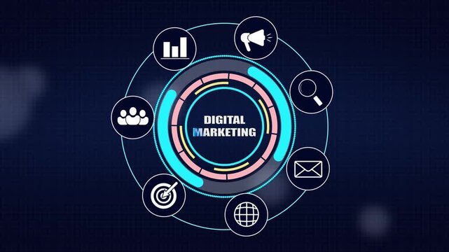 Digital marketing strategy concept with interactive technology interface, hud graph chart, target audience, megaphone, and online promotion media business network