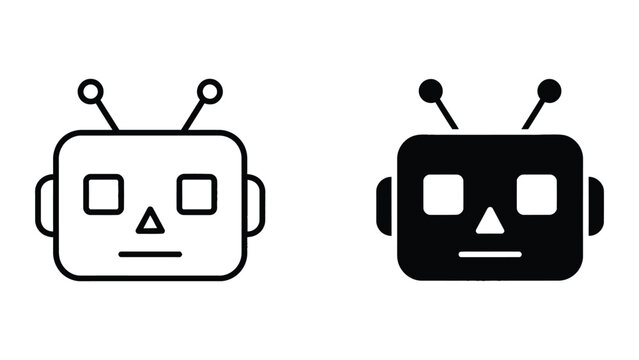 Cute retro robot head vector illustration set with outline and solid glyph styles