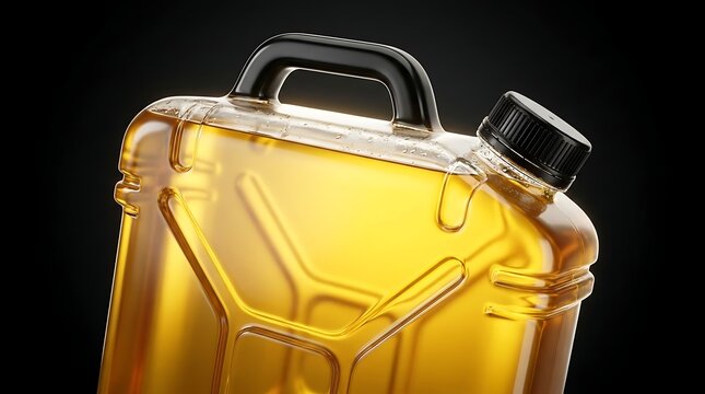 Clear liquid fuel in transparent jerrycan container with black screw cap and black handle on dark background.
