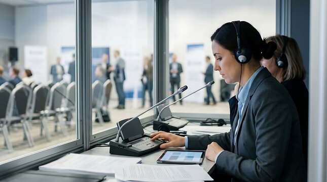 Female interpreter in soundproof booth wearing headphones and microphone translates speech at international conference.