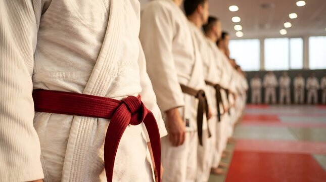 Close up of martial arts practitioner wearing white gi with red belt standing in line during training session in dojo for discipline and combat sport mastery.