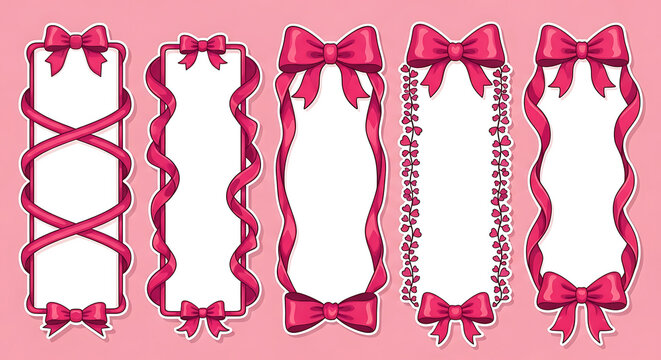 Ribbon Bow Frame Border Set of Decorative Vertical Pink Frames Featuring Silk Ribbons and Elegant Bows with White Space for Text on a Soft Pink