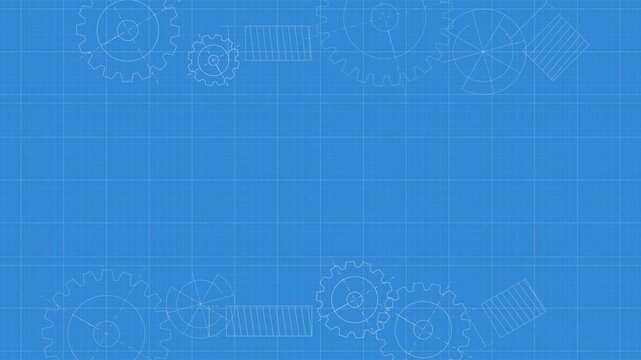 Technical blueprint background with rotating mechanical gears