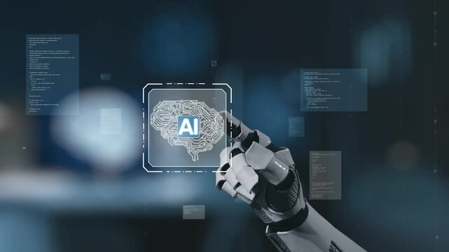 A robotic hand reaches out to interact with an artificial intelligence interface, symbolizing advanced technology development in a digital environment. Salient