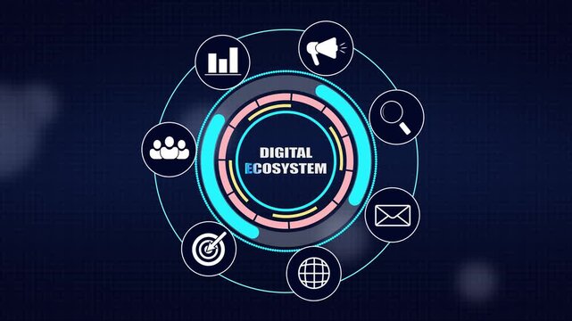Digital ecosystem technology concept display, featuring interactive HUD interface with web analytics, target audience, and global network tools